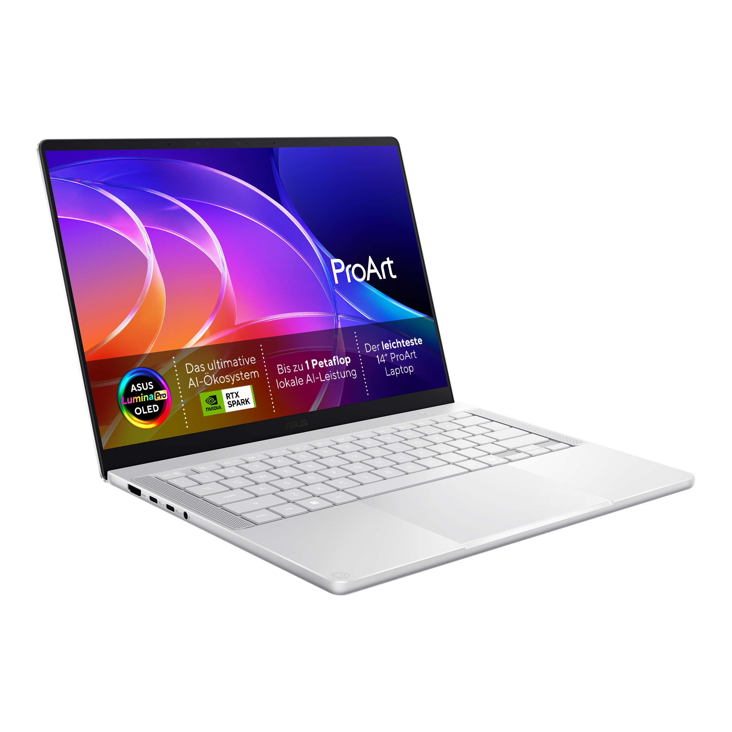 Silberner ASUS ProArt Laptop mit farbigem OLED-Display vor weißem Hintergrund.