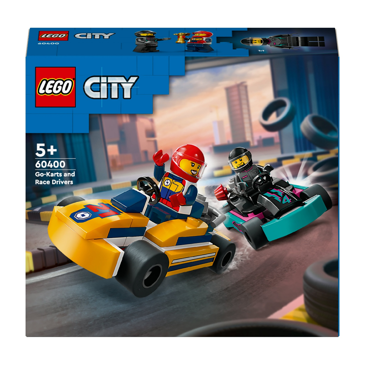 Set Lego City Go-Kart e Piloti con due minifigure su kart gialli e neri.
