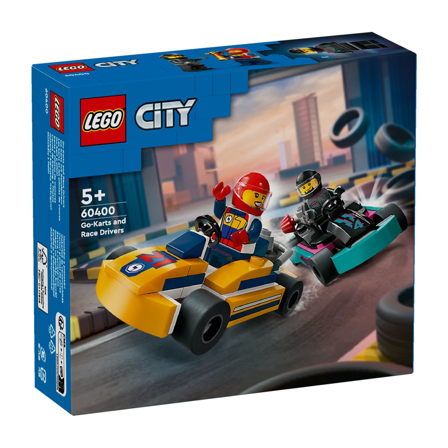 Scatola Lego City Go-Kart e piloti con due kart e minifigure in gara su una pista.