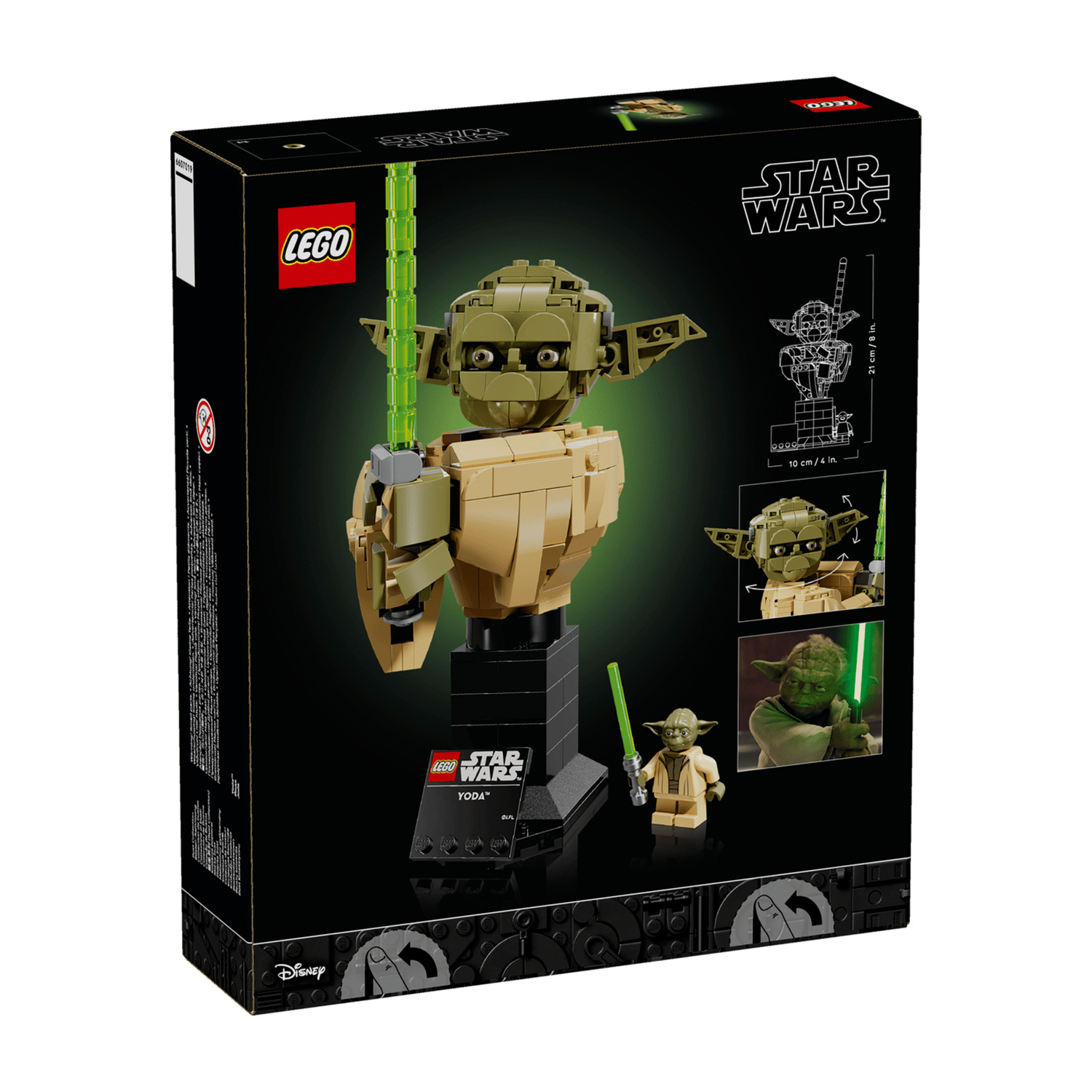 Set di costruzione LEGO Star Wars Yoda su scatola nera con spada laser verde.