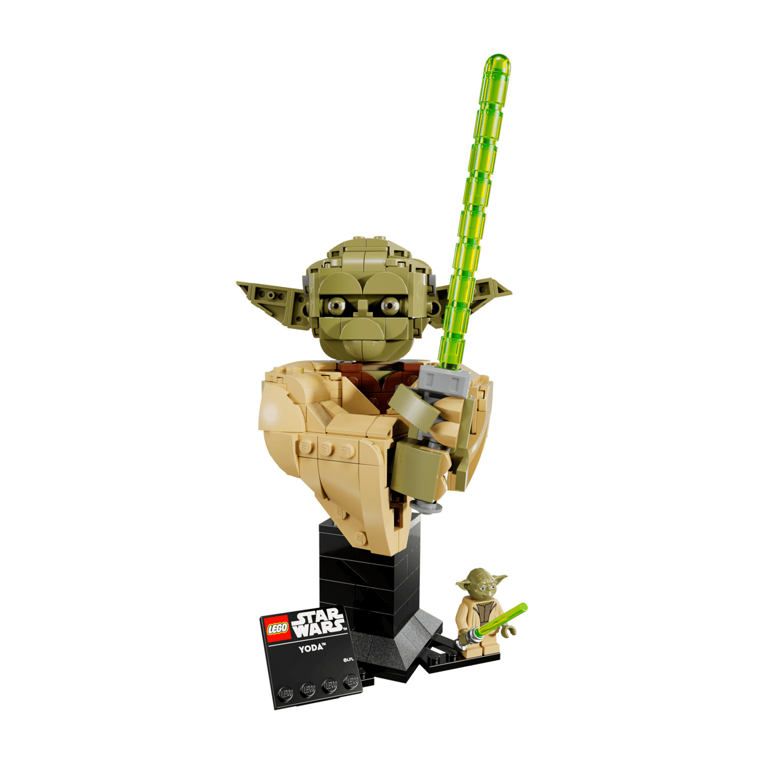 Figura Lego Star Wars di Yoda con spada laser verde, su supporto nero.