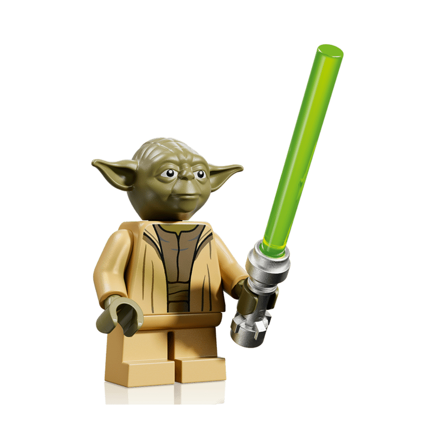 Minifigura Lego di Yoda con spada laser verde e tuniche marroni su sfondo bianco.