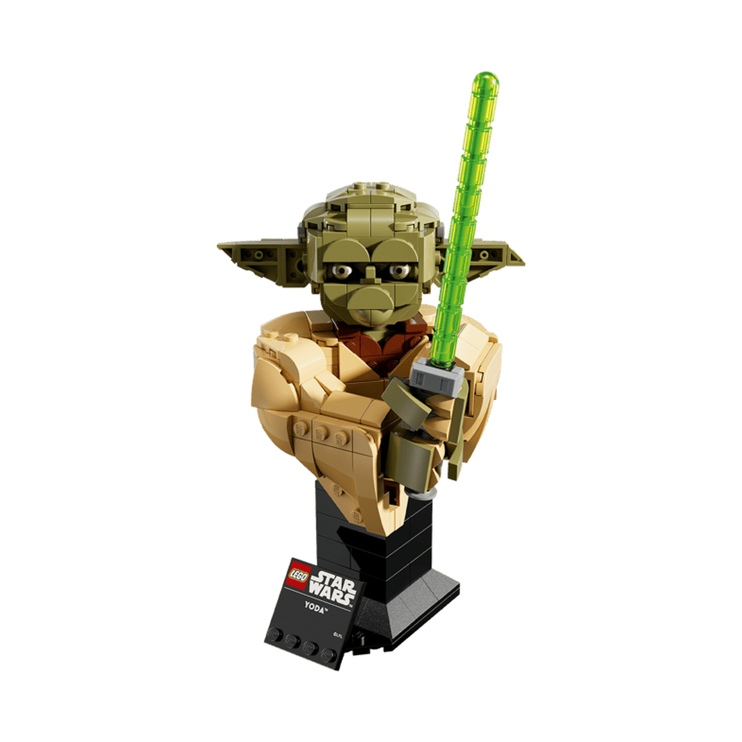 Figura Lego Star Wars di Yoda con spada laser verde su base nera con targhetta.
