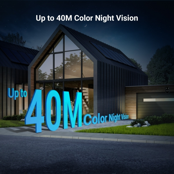 Egy modern ház éjszakai külső nézete, Up to 40M Color Night Vision felirattal.
