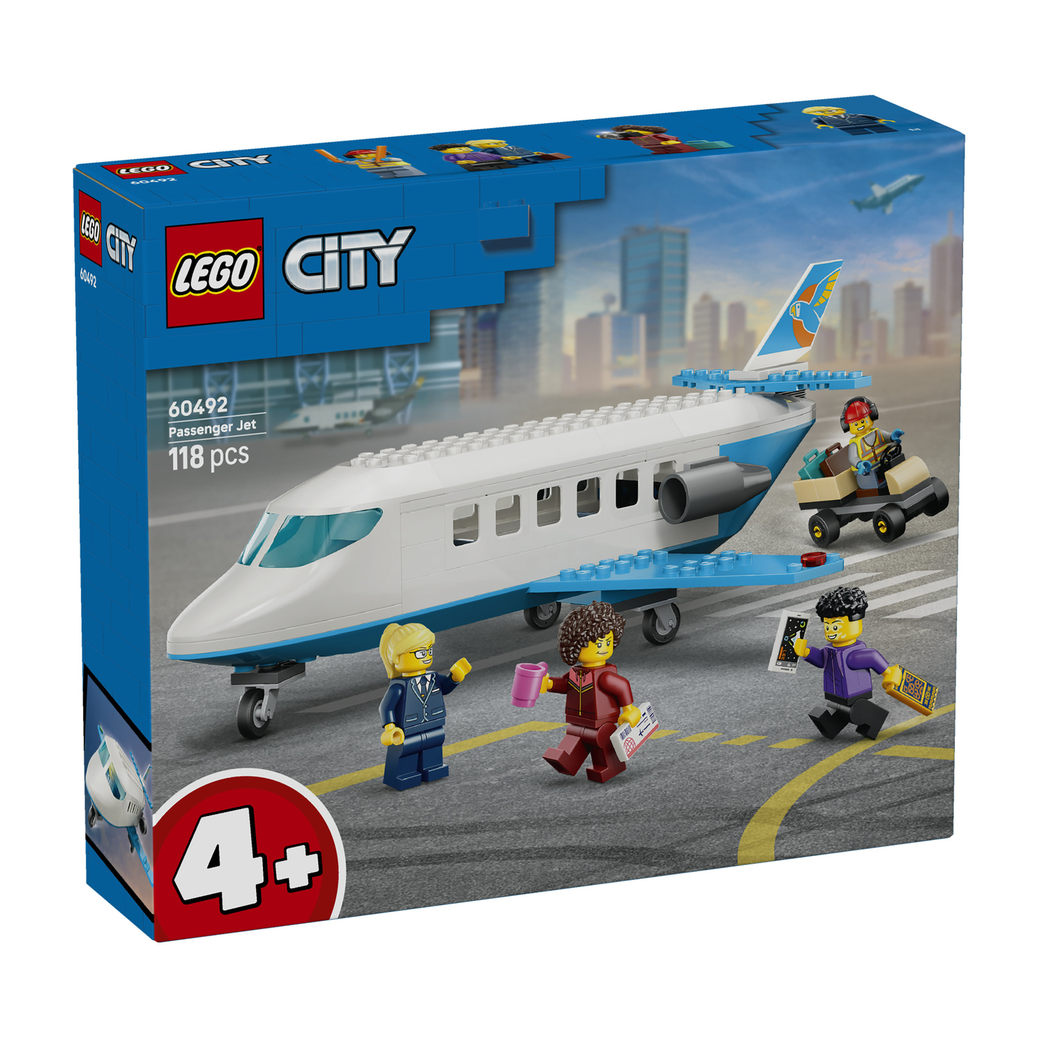 Set Lego City Aereo passeggeri 60492 con aereo, carrello bagagli e tre minifigure sullo sfondo di una città.