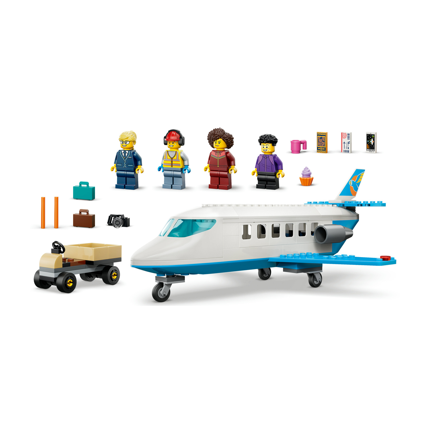 Aereo Lego, quattro minifigure, carrello portabagagli e accessori su sfondo bianco.