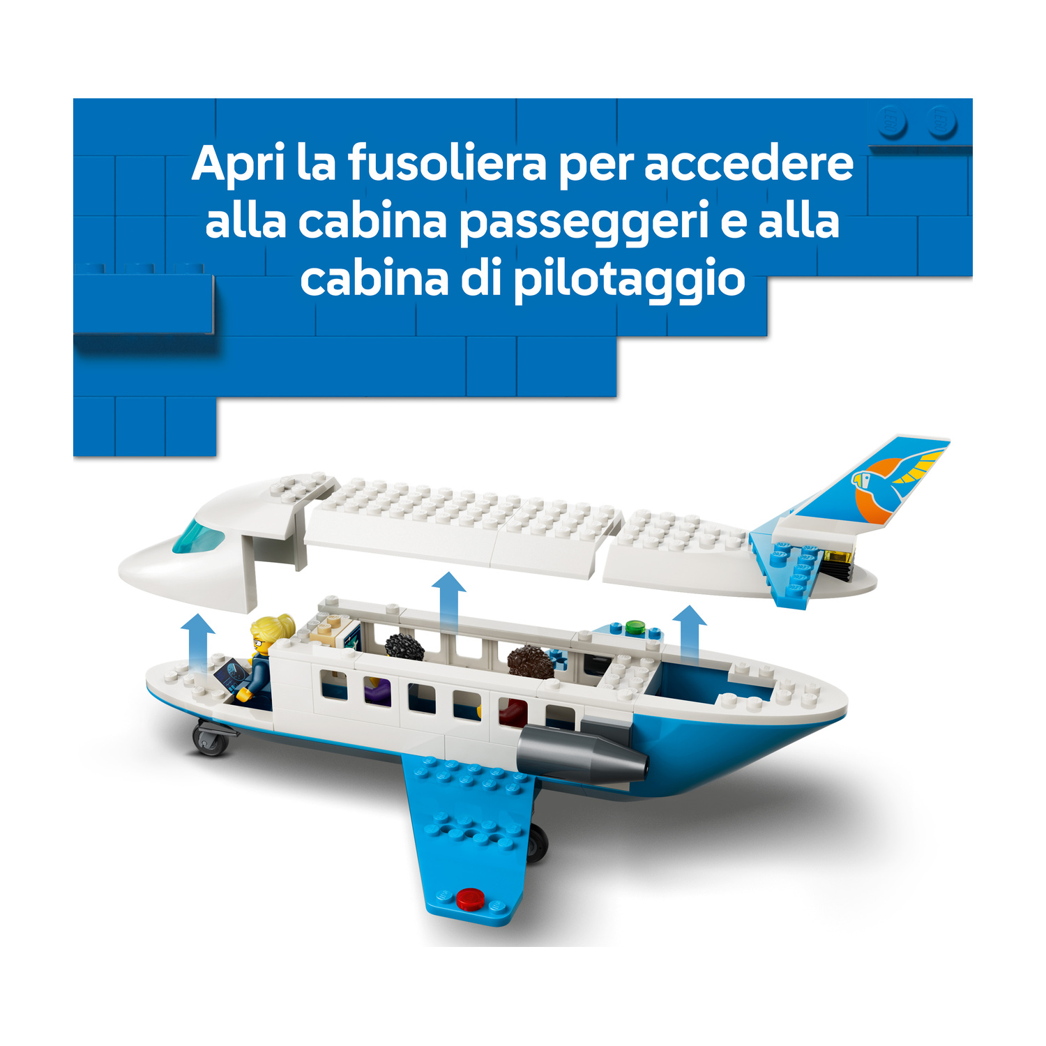 Aereo Lego con tetto rimovibile e minifigure all'interno, su sfondo blu.