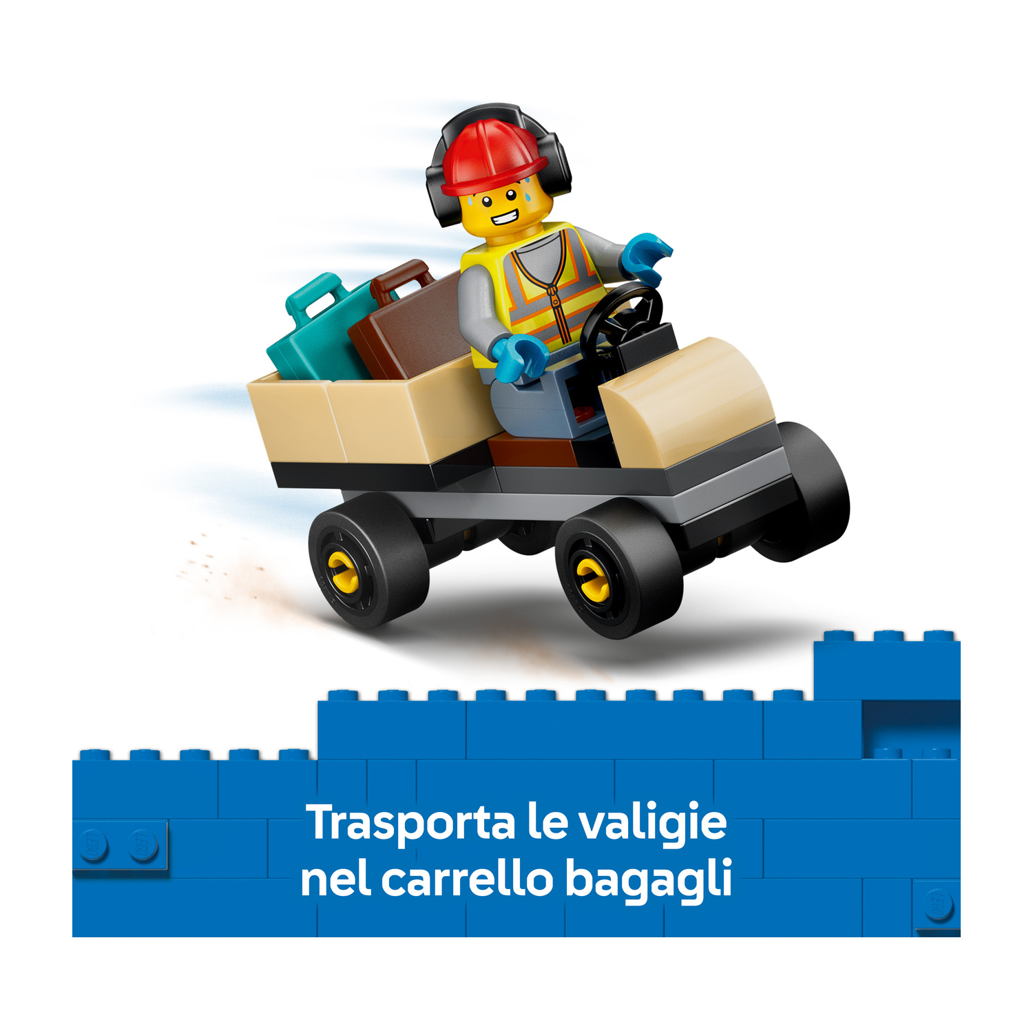 Minifigure Lego guida un carrello bagagli, con testo sotto.