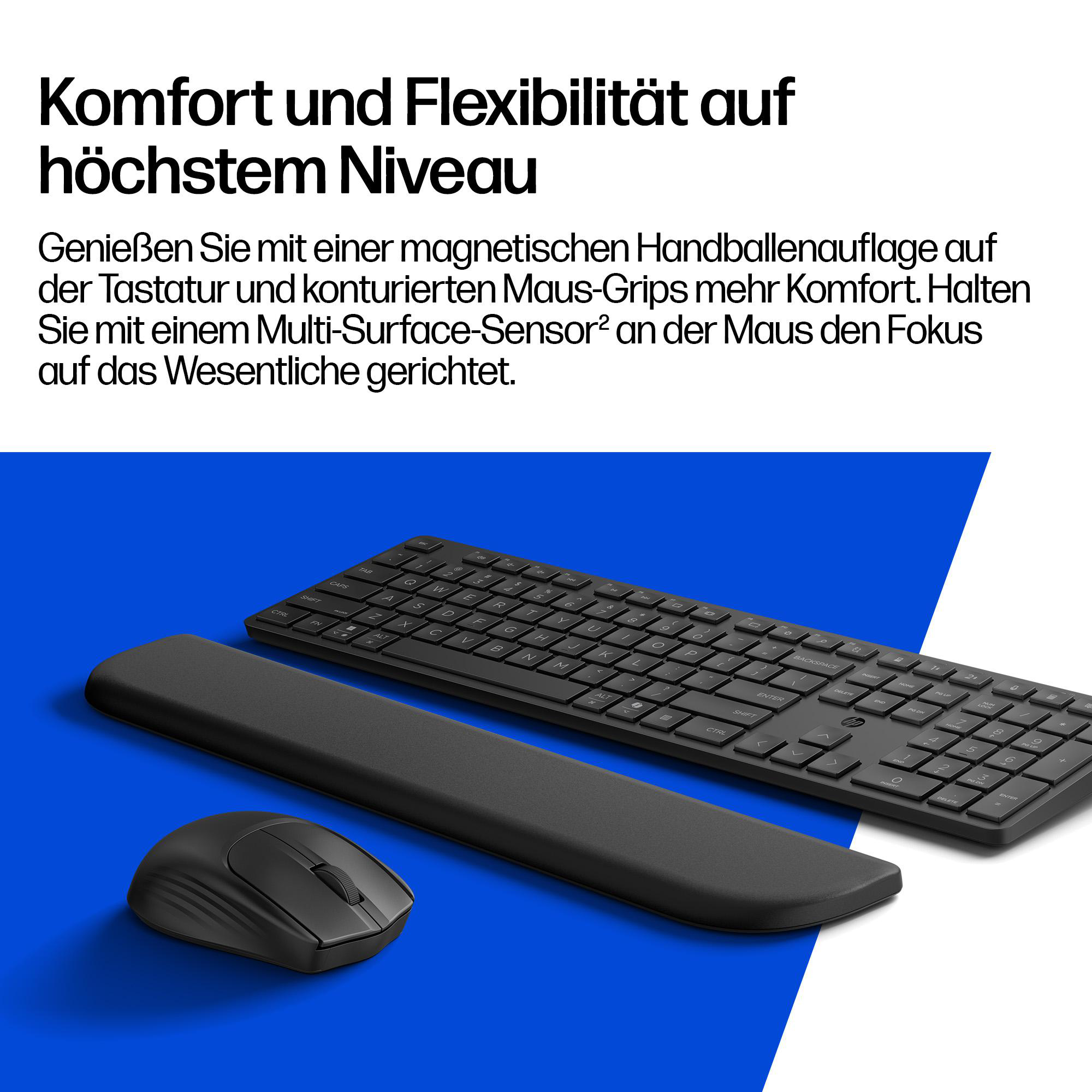Schwarze Tastatur mit Handballenauflage und Maus auf blauem Hintergrund mit deutschem Werbetext.