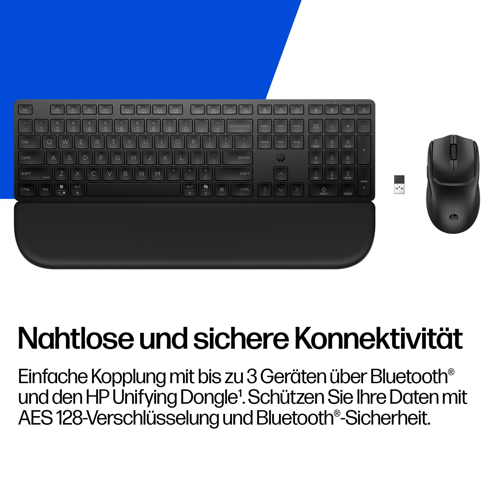 Schwarze HP-Tastatur, Maus und USB-Dongle auf weißem Hintergrund mit deutschem Text.