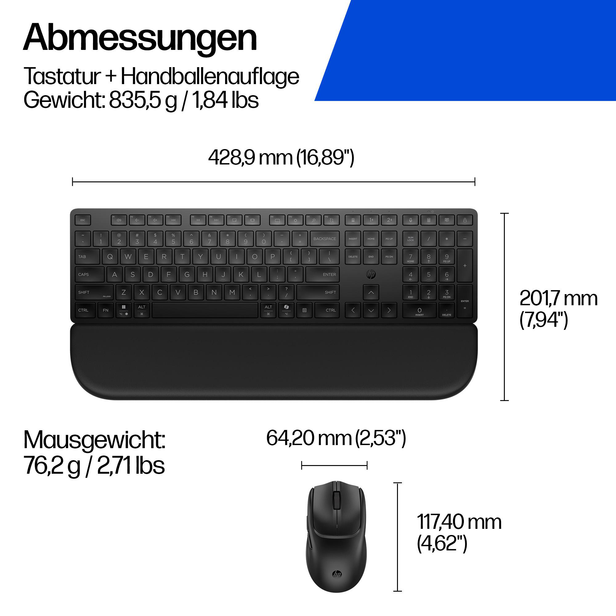 Diagramm zeigt die Abmessungen und Gewichte einer schwarzen Tastatur mit Handballenauflage und einer Maus.