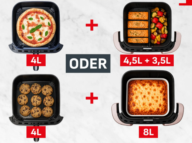 Kosz frytkownicy beztłuszczowej z różnymi potrawami, takimi jak pizza, ryba, warzywa i ciasteczka.