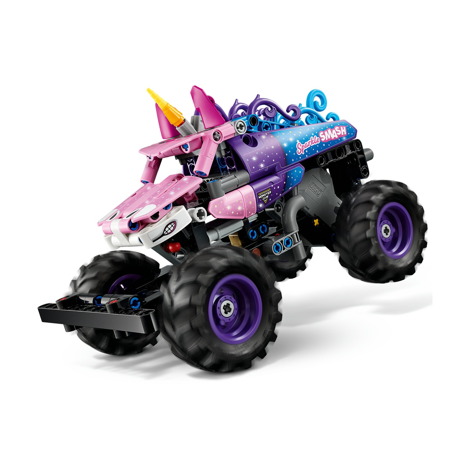 Monster truck Lego unicorno con grandi pneumatici, dettagli rosa e viola e motivi di stelle.