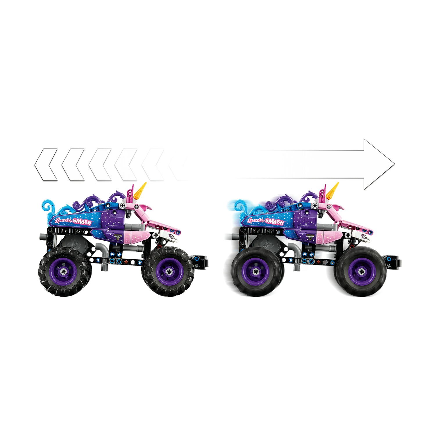 Due monster truck Lego, Sparkle Smash, affiancati con una freccia direzionale che indica il movimento.