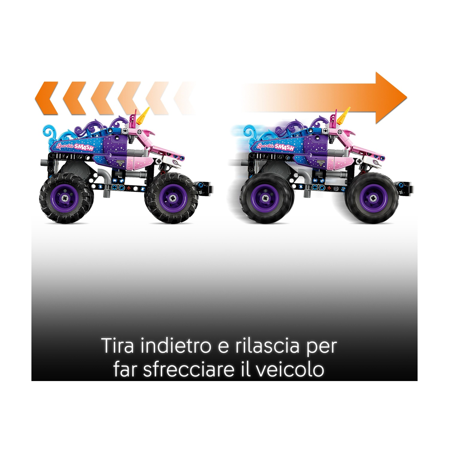 Un monster truck giocattolo viola e rosa con corno da unicorno, che mostra il movimento a frizione.