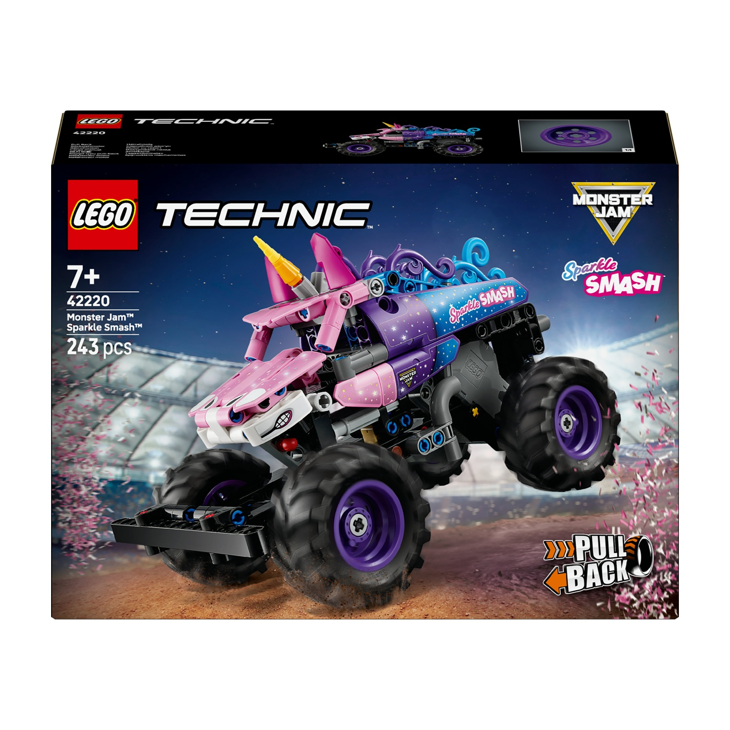 Scatola Lego Technic Monster Jam Sparkle Smash con monster truck rosa e viola, corno giallo e ruote grandi.