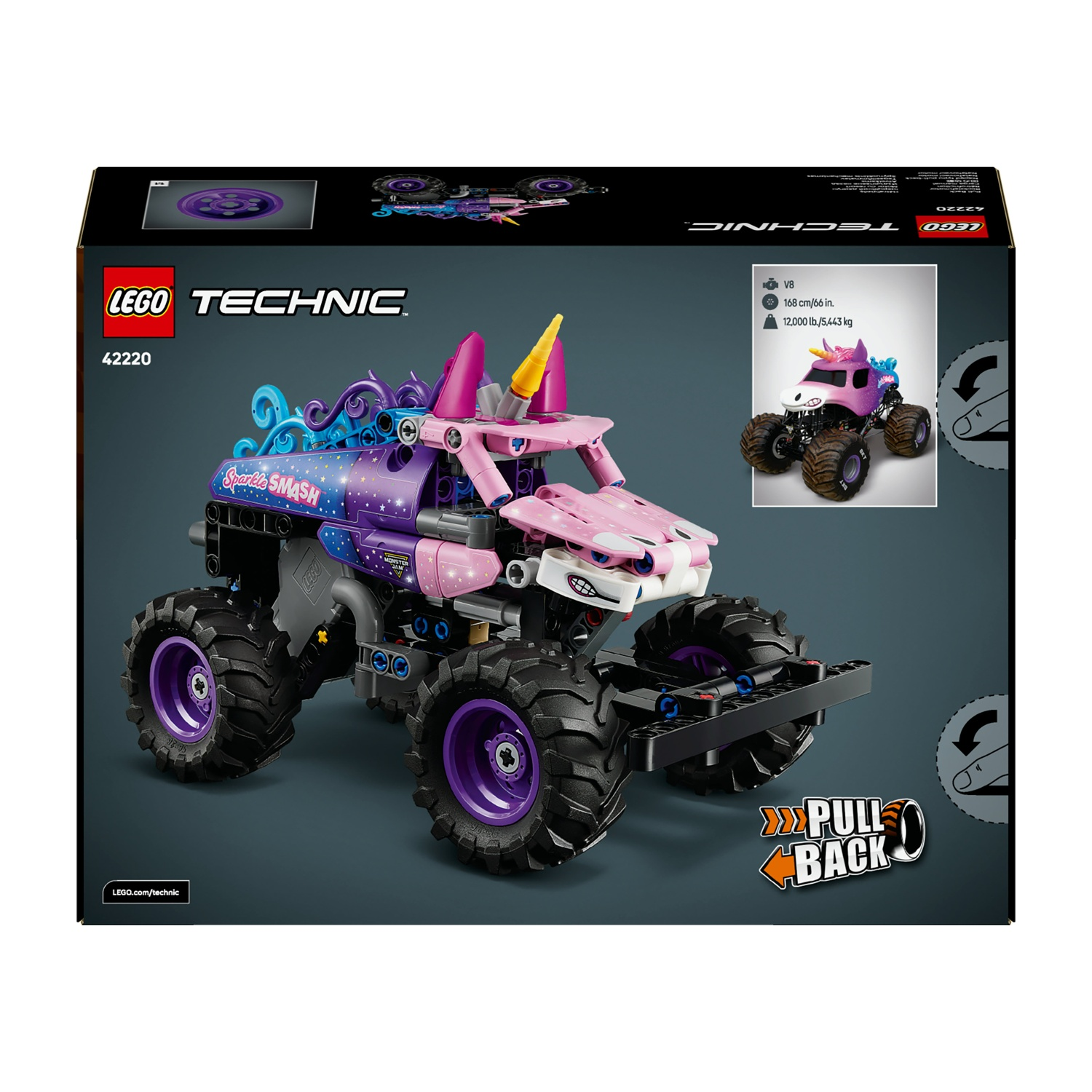 Monster truck Lego Technic Monster Jam Sparkle Smash con design di unicorno rosa.