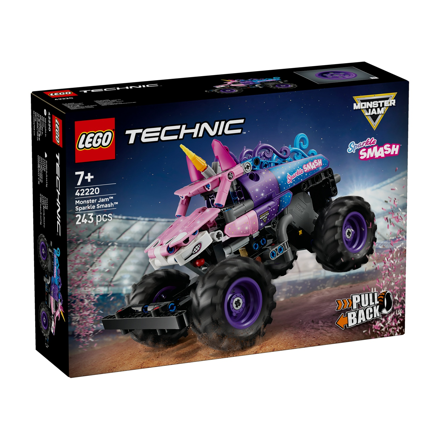Scatola Lego Technic Monster Jam Sparkle Smash con un monster truck unicorno rosa e viola.