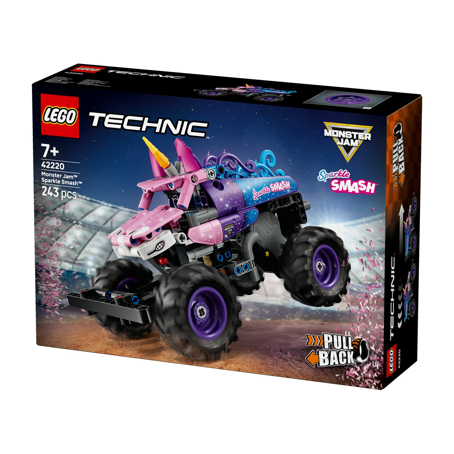 Set giocattolo Lego Technic Monster Jam Sparkle Smash con un monster truck rosa e viola con grandi pneumatici.