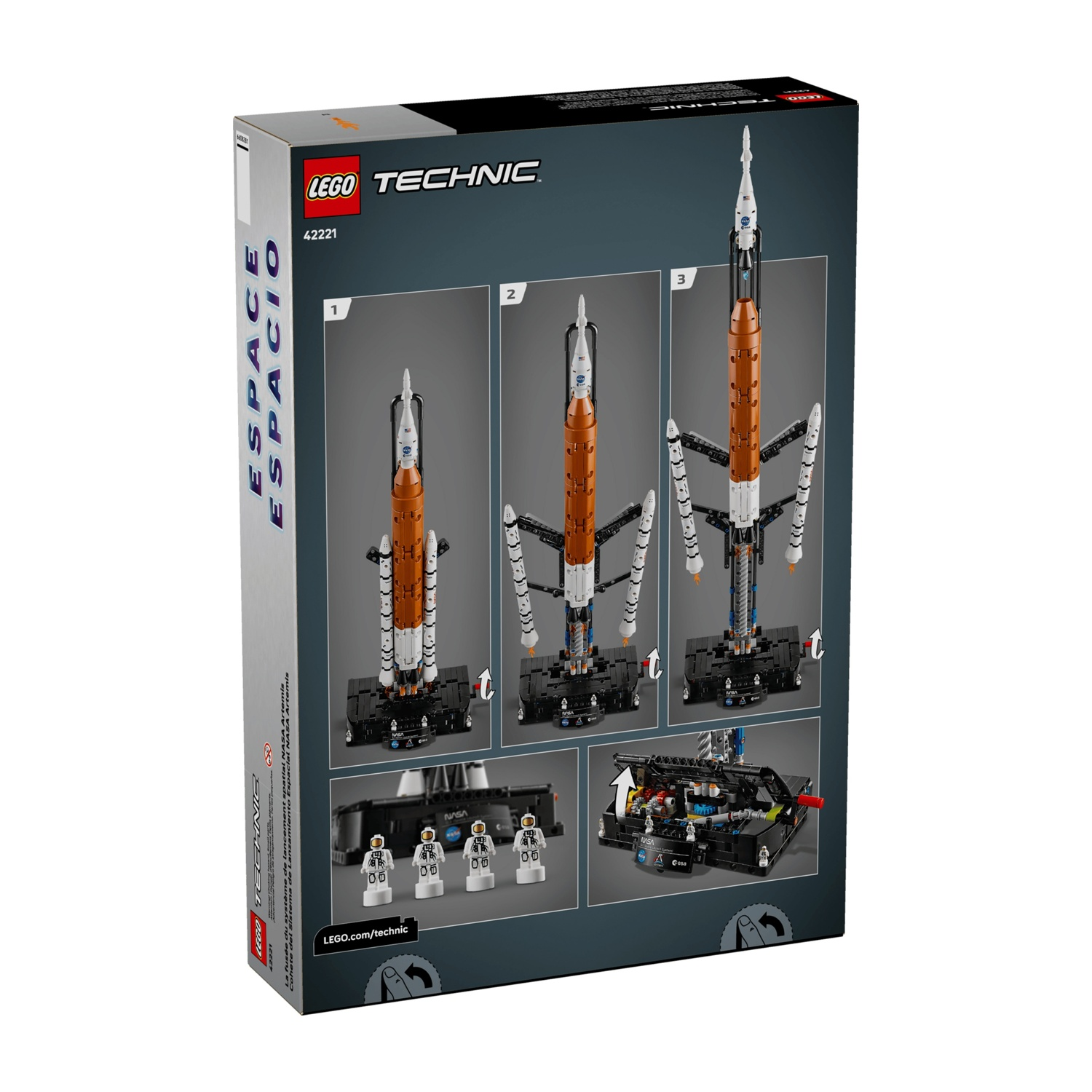 Retro di una scatola LEGO Technic NASA con tre fasi di razzi e quattro minifigure.