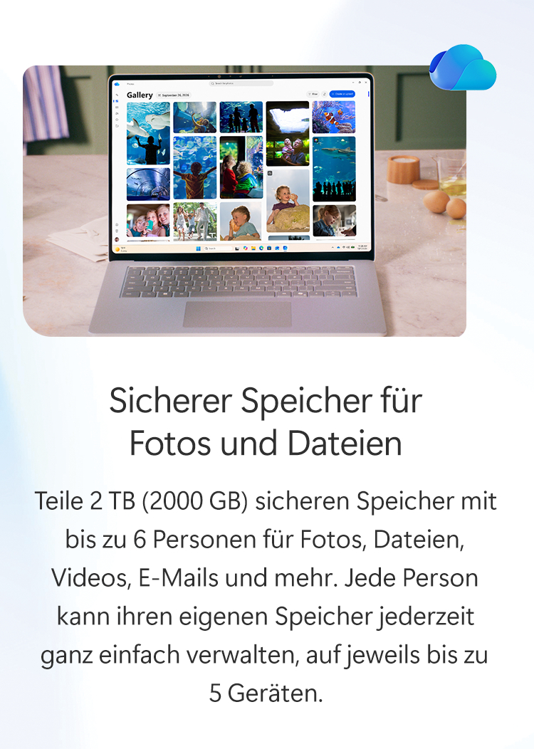 Ein Laptop mit einer Fotogalerie auf dem Bildschirm steht auf einem Tisch, daneben ein Cloud-Symbol.