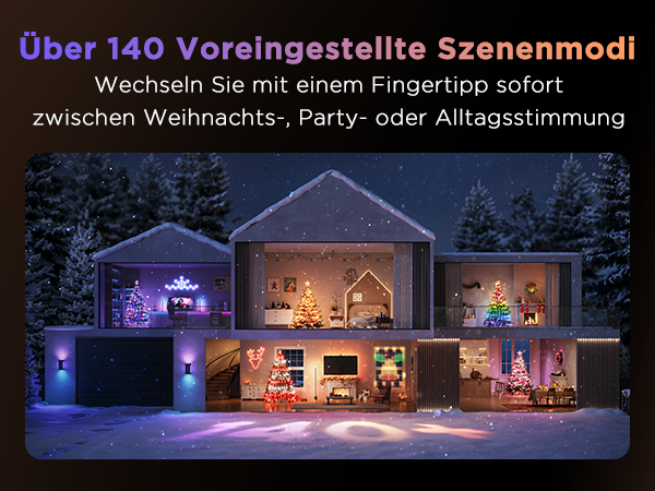 Ein modernes Haus im Schnee mit bunten Weihnachtsbeleuchtungen in den Zimmern und deutscher Textgrafik.