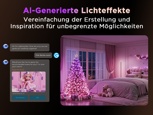Ein rosafarbenes Zimmer mit beleuchtetem Weihnachtsbaum, Bett und Chat-Fenster.