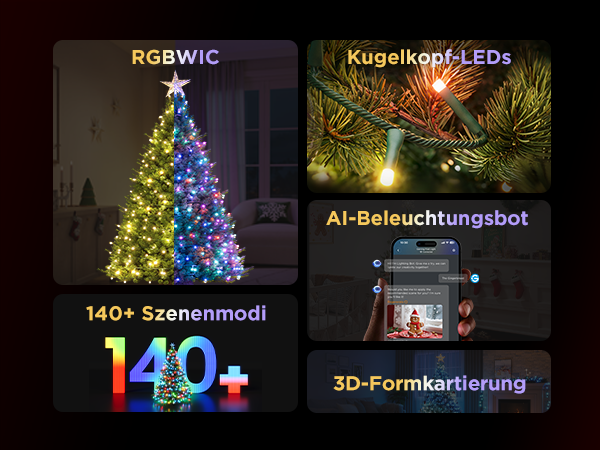 Produktübersicht zeigt Smart-Weihnachtsbeleuchtung mit RGB-WIC, LED-Kugeln, App-Steuerung und 3D-Modi.