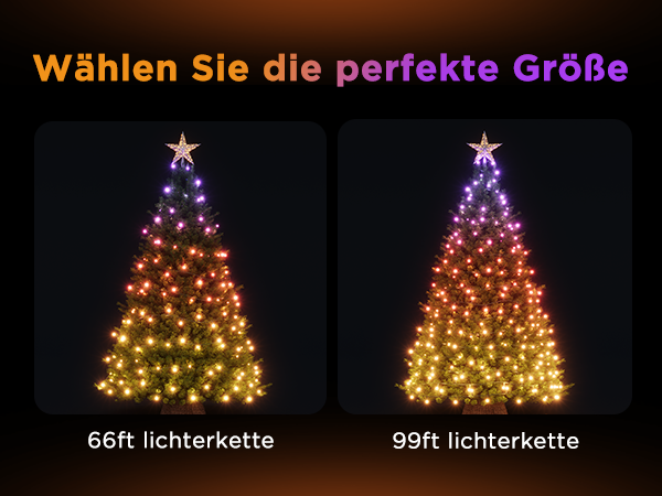 Zwei beleuchtete Weihnachtsbäume mit bunten Lichterketten und einem Stern als Spitze auf schwarzem Hintergrund.