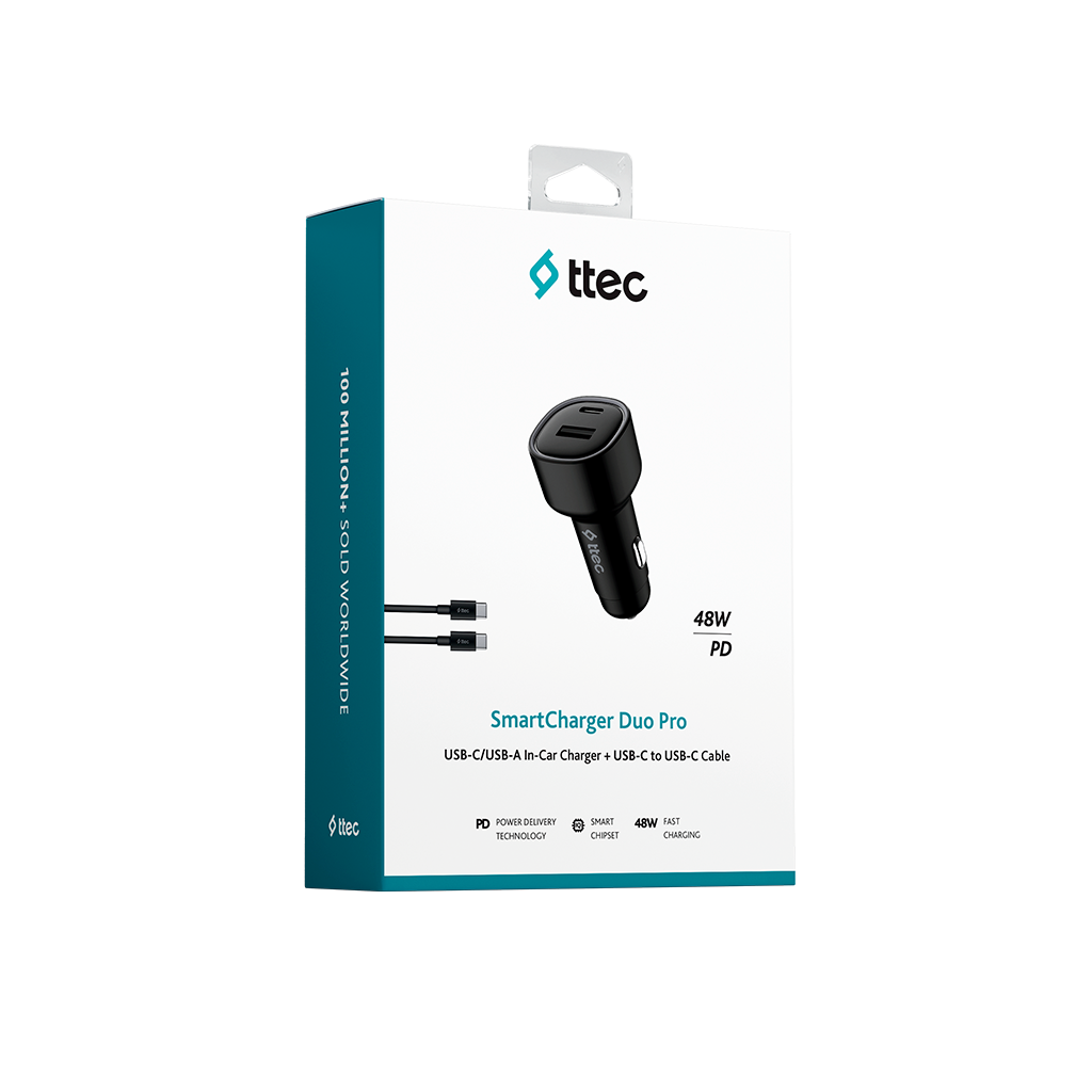 TTEC 2CKP02CS SmartCharger Duo PD 48W Araç İçi Hızlı Şarj Cihazı USB-C+USB-A - USB-C-USB-C 3A Kablo-Siyah