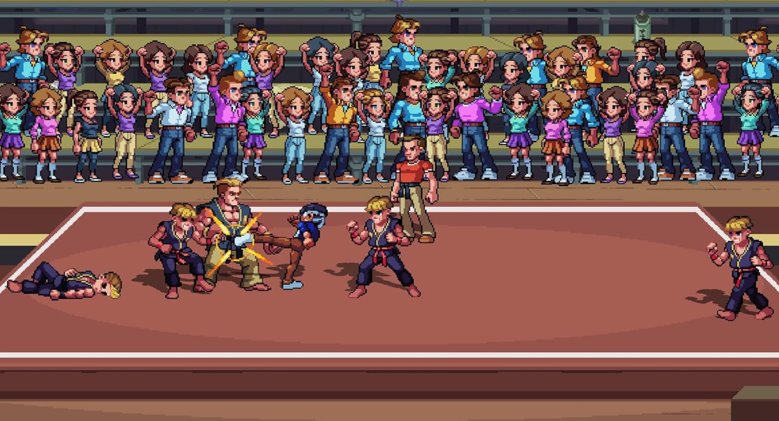 Pixel-Art-Kampfspielszene in einem Ring mit Zuschauern im Hintergrund.
