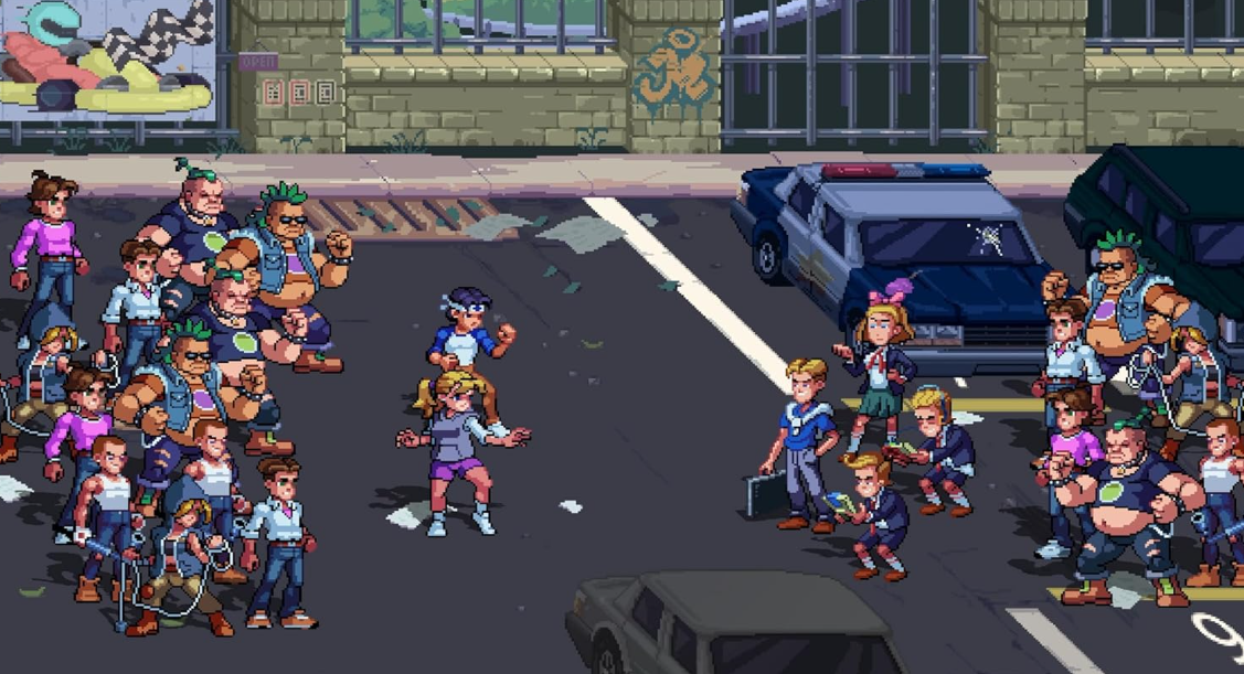Pixel-Art-Straßenszene mit zwei rivalisierenden Gruppen von Menschen, die sich auf einer Straße gegenüberstehen.