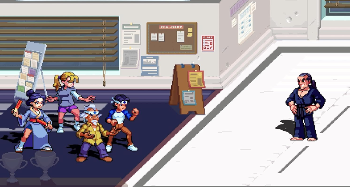 Pixel-Art-Szene mit vier verschiedenen Kämpfern, die einem Gegner in einem Dojo gegenüberstehen.