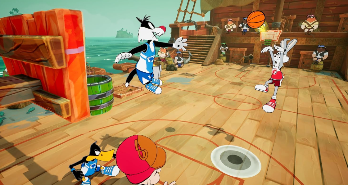 Looney Tunes Charaktere spielen Basketball auf einem hölzernen Schiffsdeck mit Ozean im Hintergrund.
