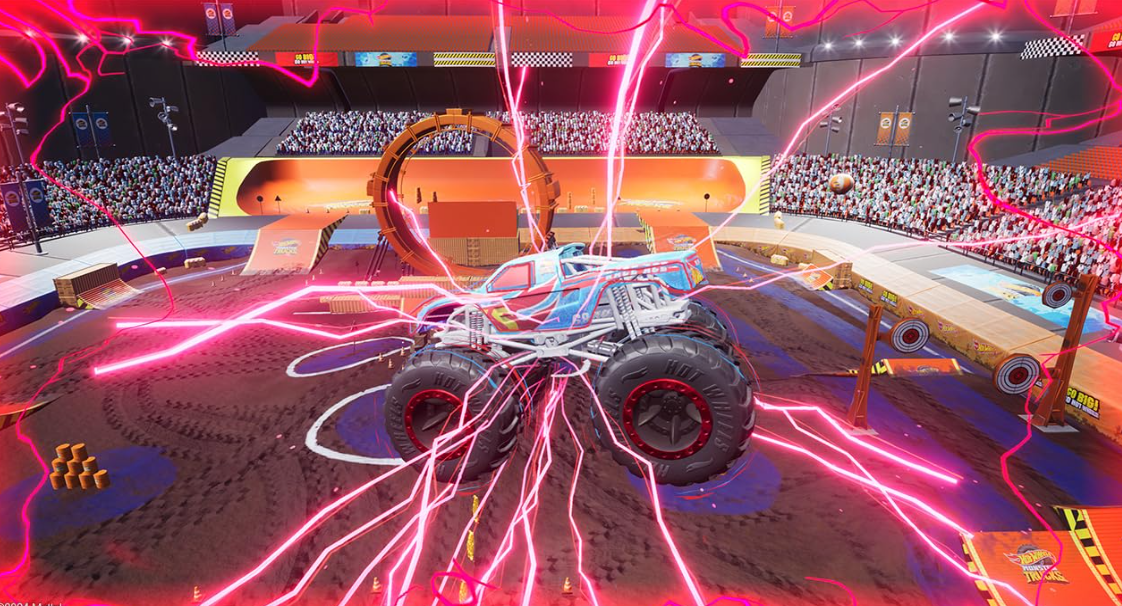 Ein Monstertruck in einer Arena, umgeben von Zuschauern und rosa Blitzen.