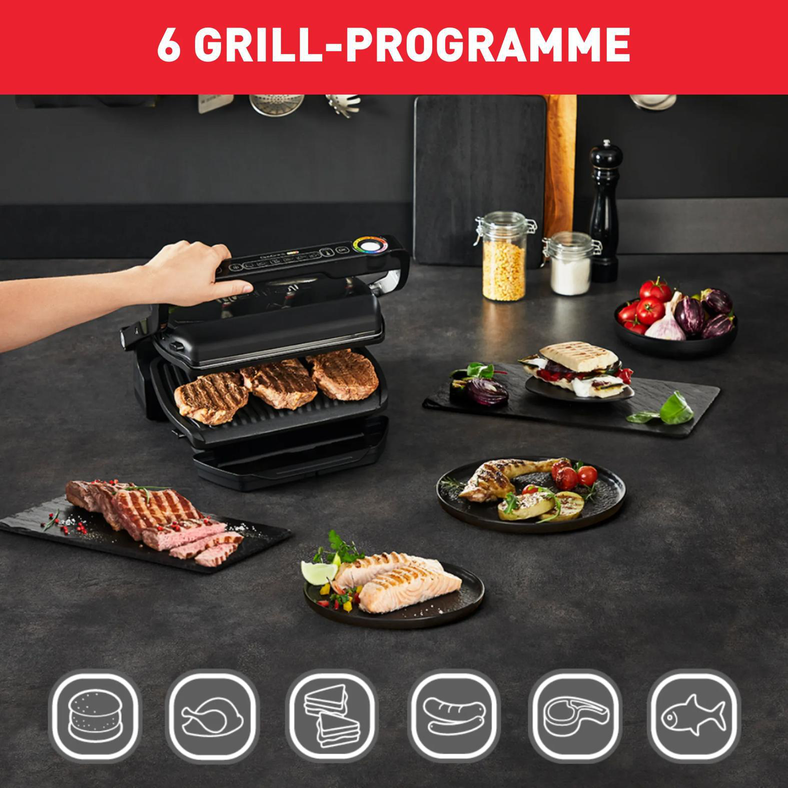 TEFAL GC7058 OptiGrill Kontaktgrill 2000 Watt, Automatische Anpassung der Grilltemperatur, 6 voreingestellte Grillprogramme, Schwarz