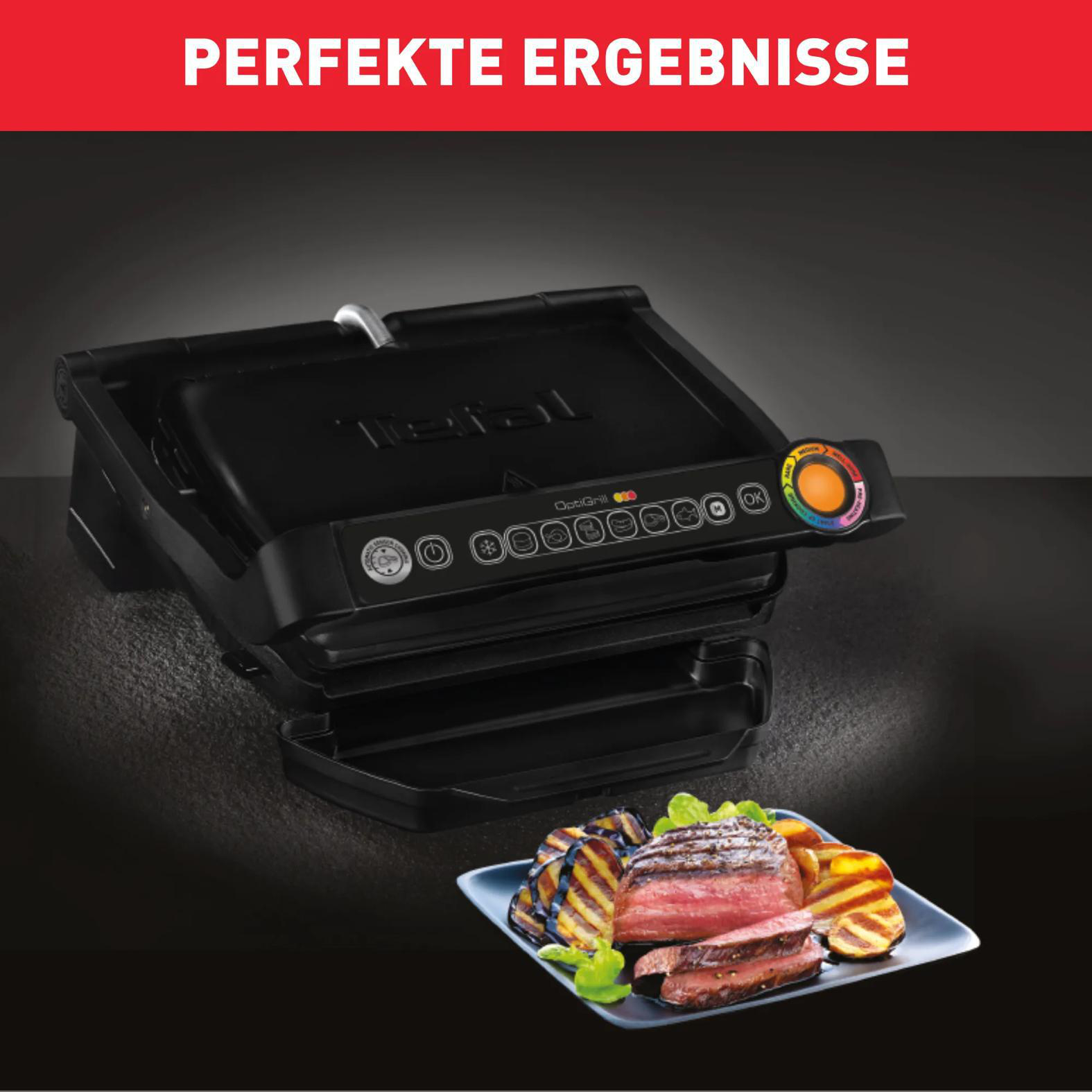TEFAL GC7058 OptiGrill Kontaktgrill 2000 Watt, Automatische Anpassung der Grilltemperatur, 6 voreingestellte Grillprogramme, Schwarz