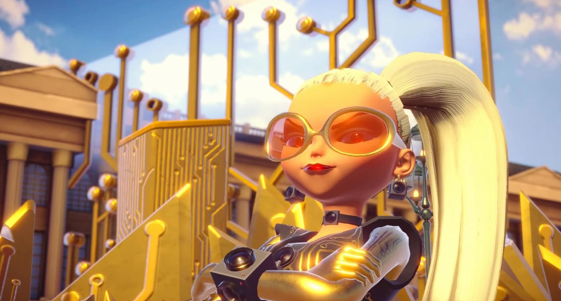 Anime-Charakter mit blondem Pferdeschwanz, roter Sonnenbrille und goldenen Hintergrund-Schaltkreisen.