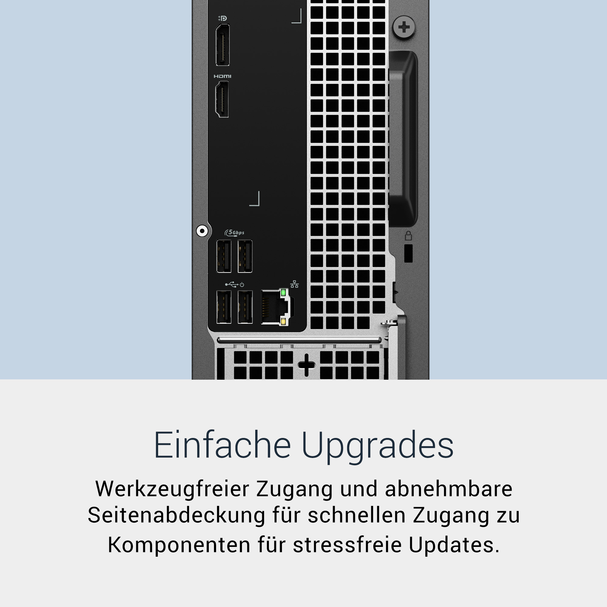 Rückseite eines Desktop-PCs mit DisplayPort-, HDMI- und USB-Anschlüssen sowie Lüftungsgittern.