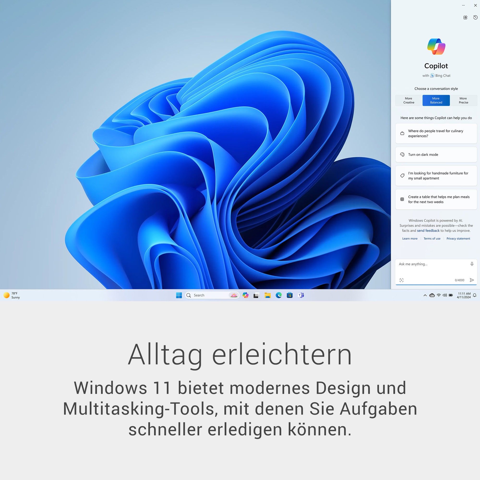 Screenshot von Windows 11 mit Copilot-Seitenleiste auf dem blauen Standardhintergrund.