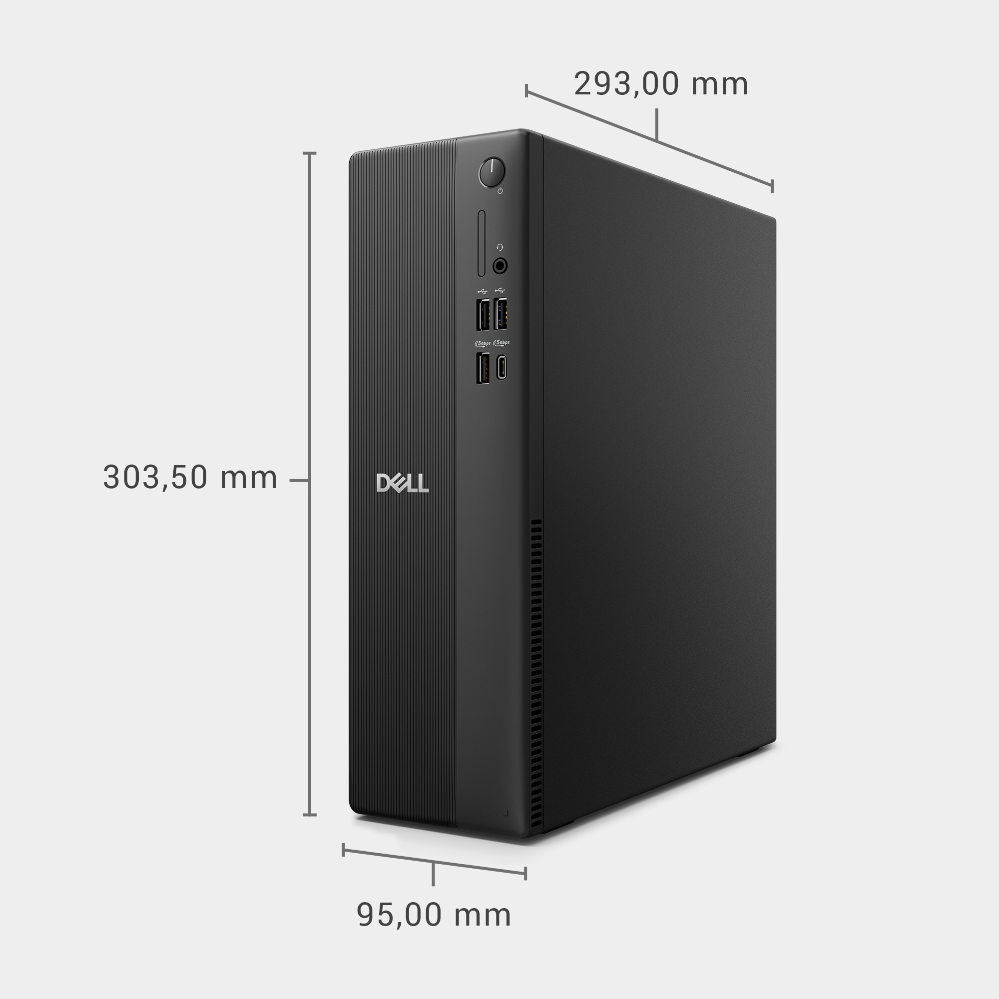 Schwarzer Dell Desktop-Computer mit Maßangaben für Höhe, Breite und Tiefe auf hellem Hintergrund.