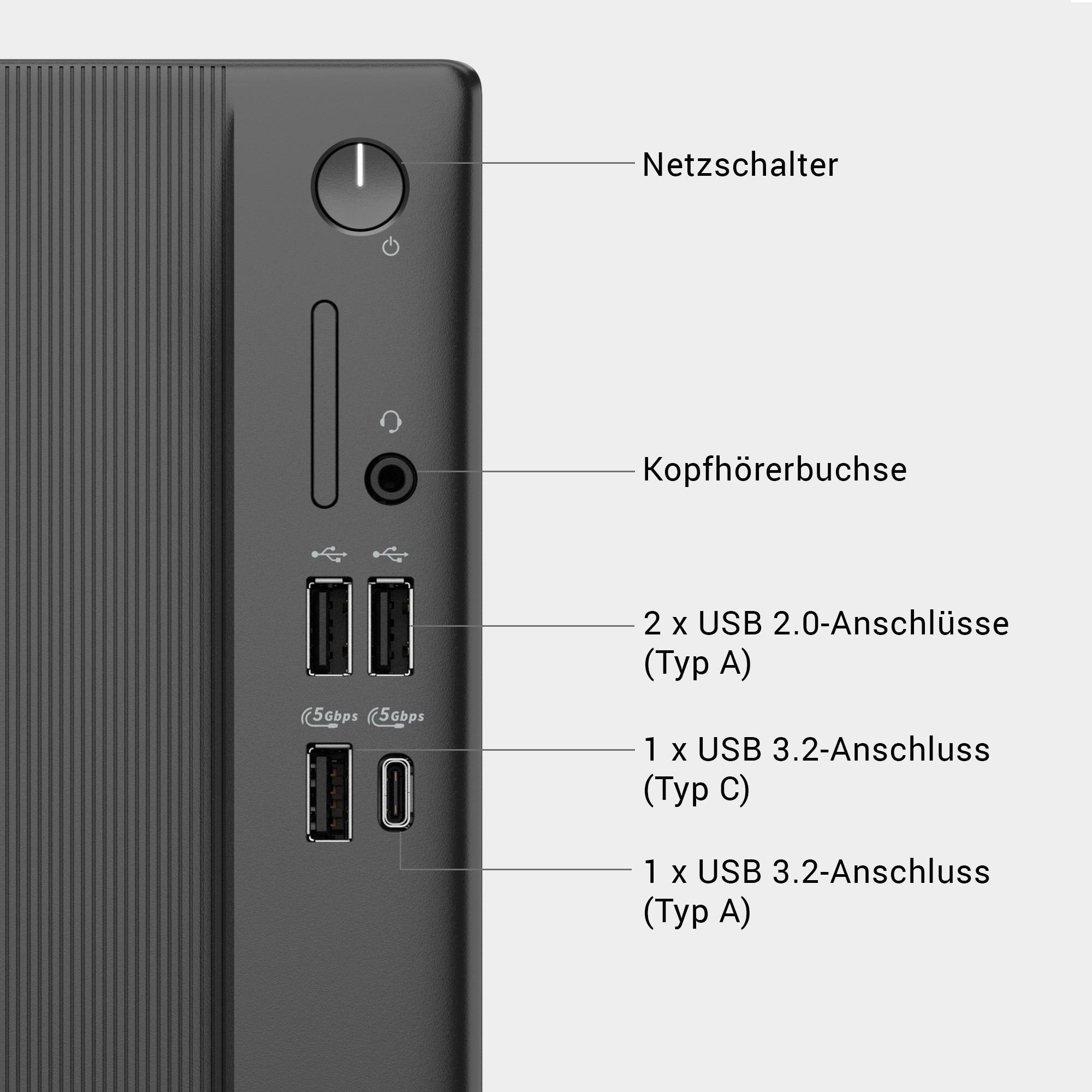 Vorderseite eines schwarzen PCs mit Netzschalter, Kopfhörerbuchse und verschiedenen USB-Anschlüssen.