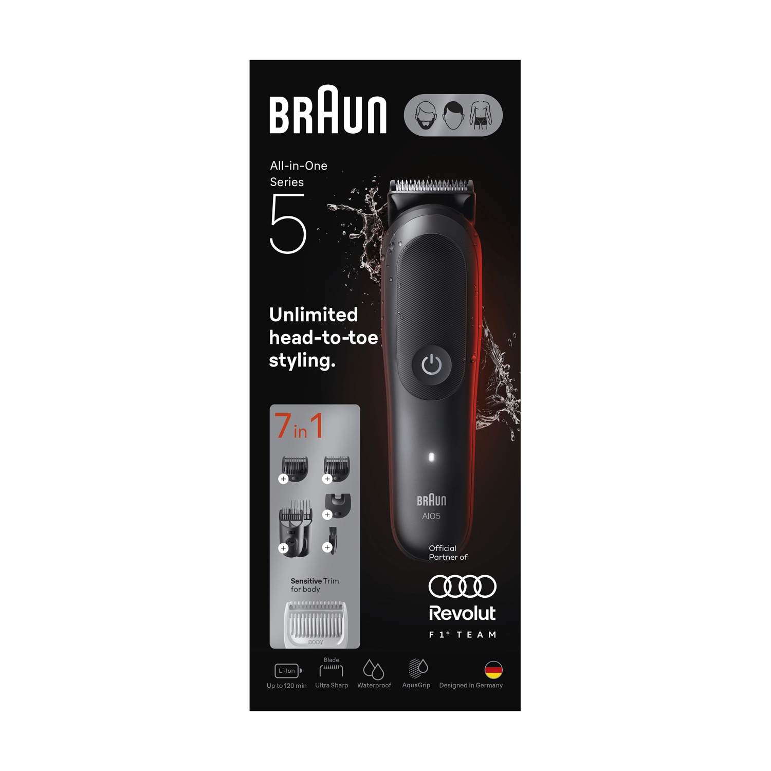 Regolabarba e capelli BRAUN MULTI AIO5520F1 NERO, 14 livelli di taglio, Lama in acciaio, Accumulatore, NERO