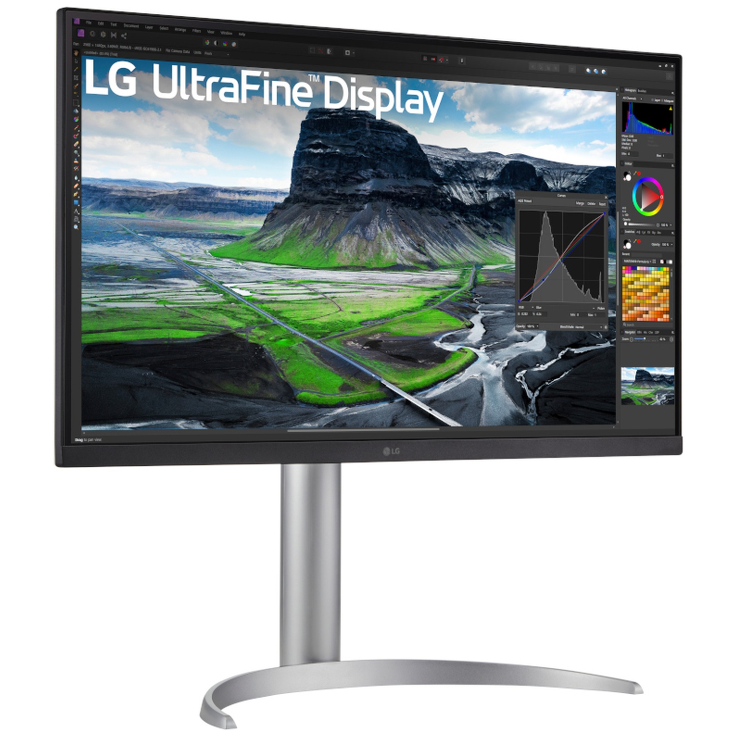 LG UltraFine Display with a slim black frame and a silver stand displaying a mountain landscape.