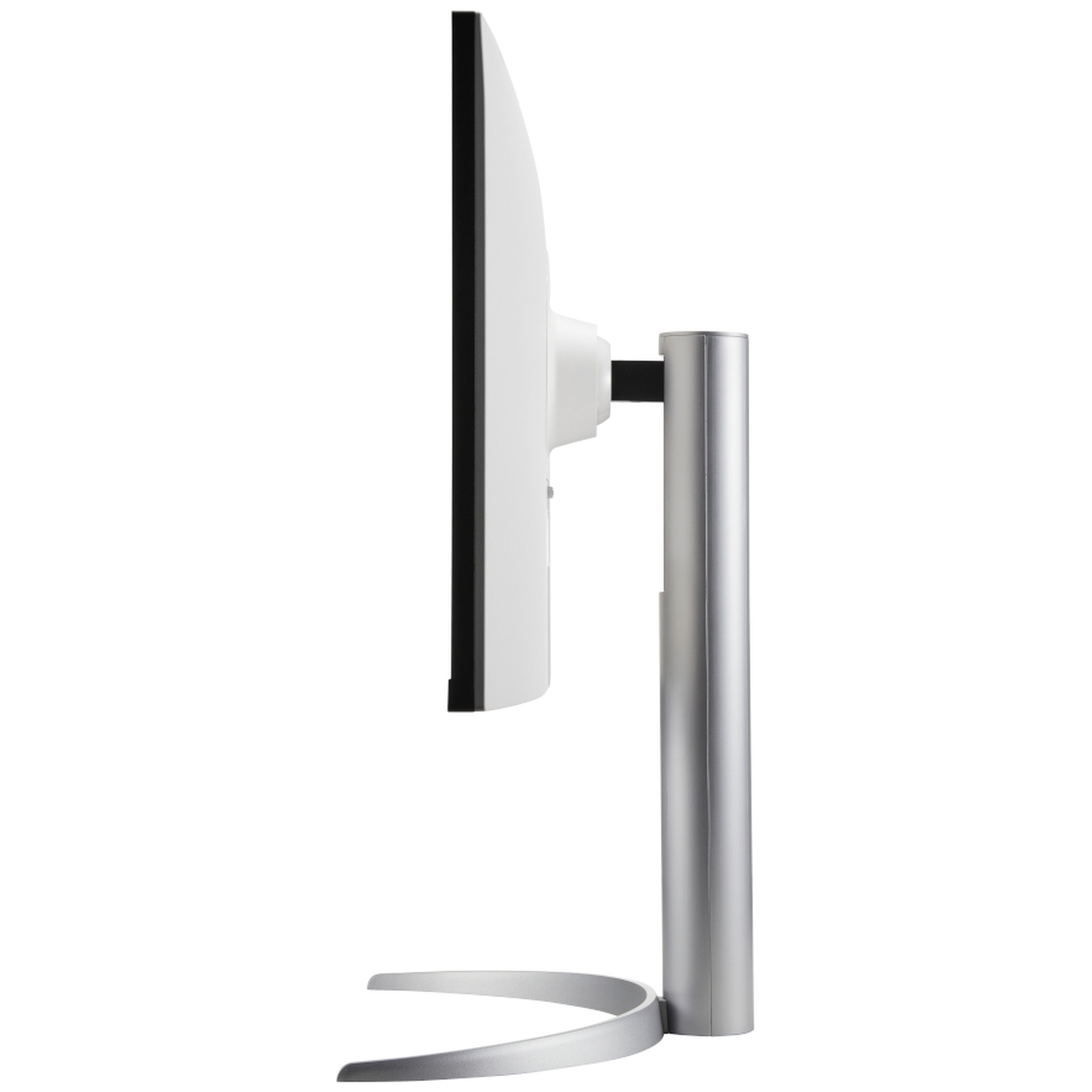 Side view of a white computer monitor with a silver stand on a white background.