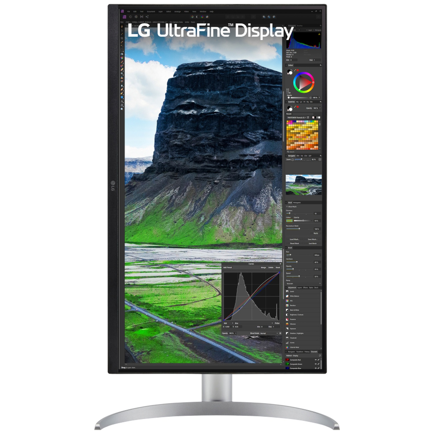 LG UltraFine Display shows a vertical monitor with a landscape photo and editing software panels.