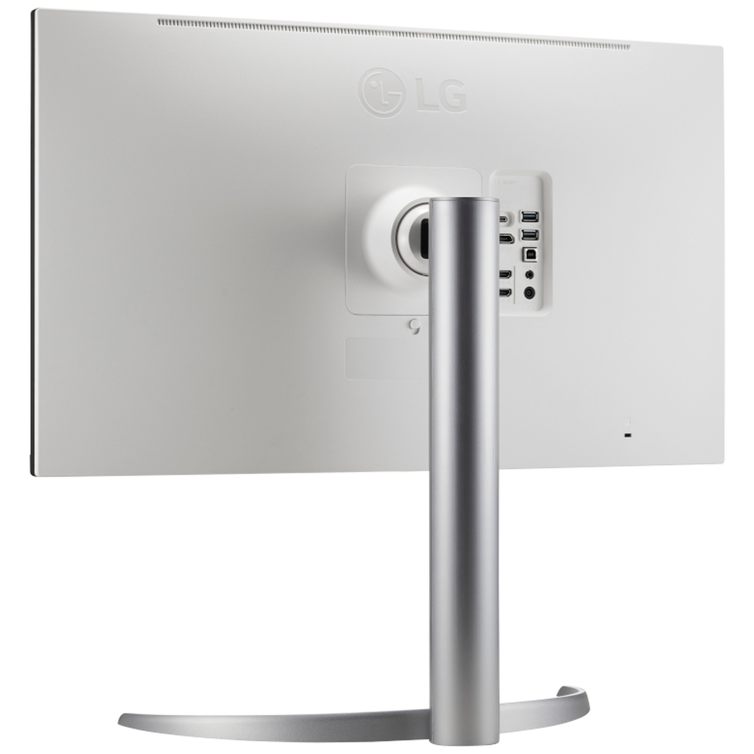 Rear view of a white LG monitor featuring a silver stand and visible port connections.