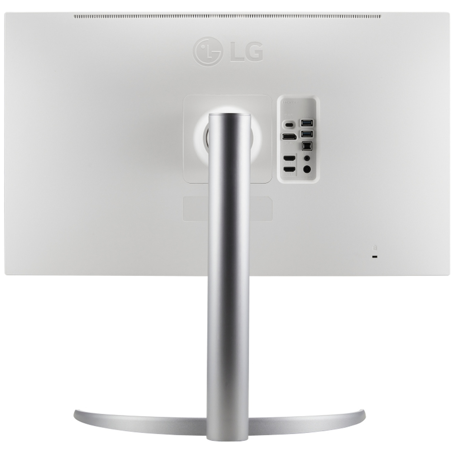 Back view of a white LG monitor with a silver stand and visible connection ports.