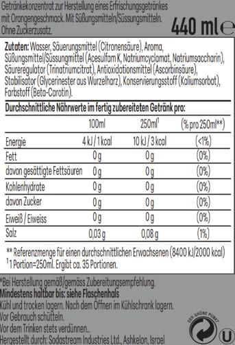 Nährwerttabelle und Zutatenliste auf Produktetikett mit 440 ml.