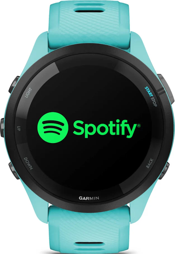 Türkisblaue Garmin Sportuhr mit schwarzem Rand und grünem Spotify-Logo auf dem Display.